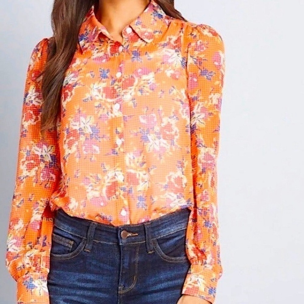 MODCLOTH Be Buzzworthy Floral Print Orange Blouse Size Small - Picture 6 of 16